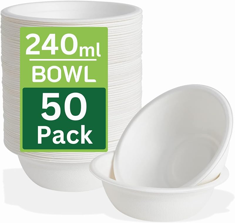 Ask Packaging 50 Pack Bagasse Bowls 240ml 8oz Disposable Compostable