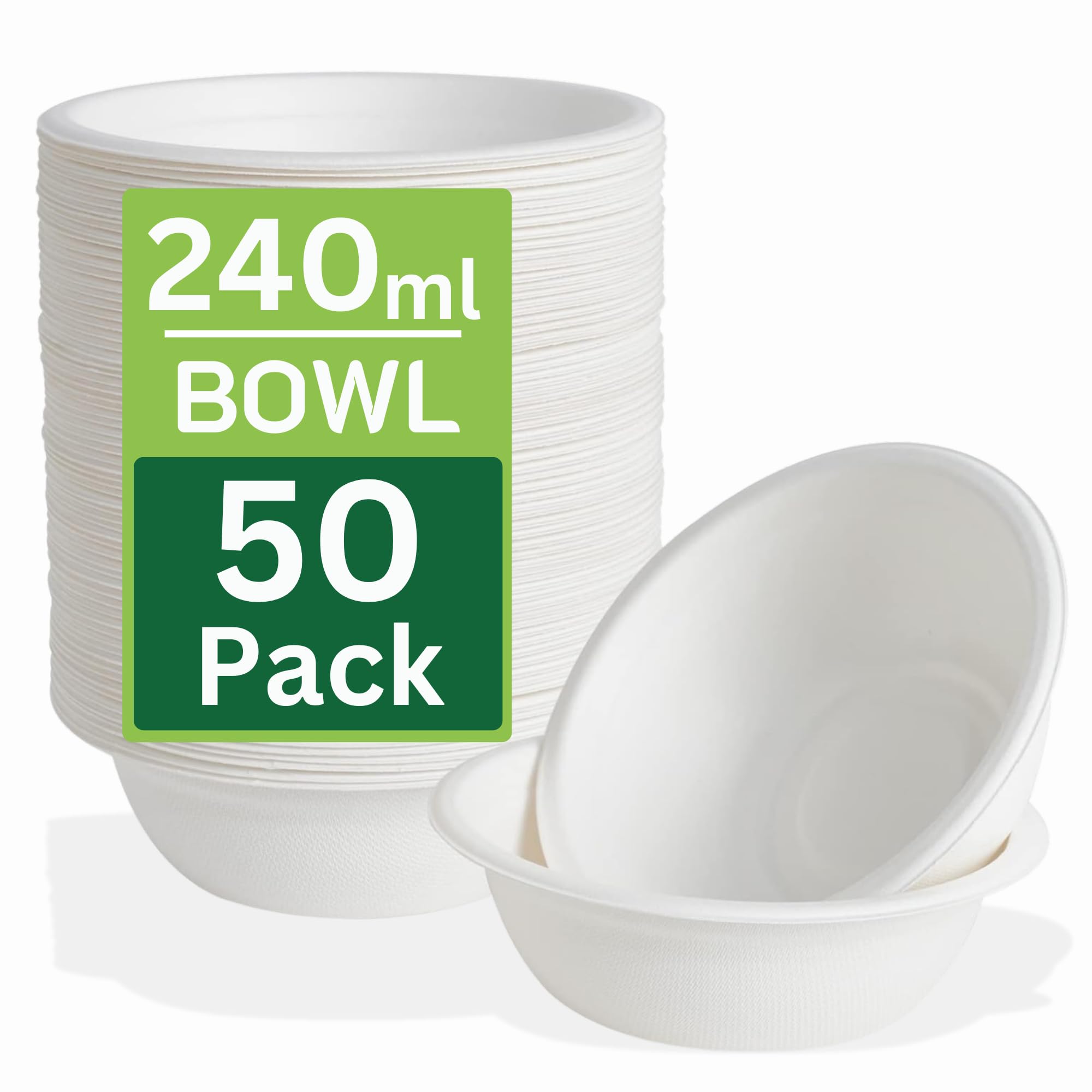 Ask Packaging 50 Pack Strong Paper Bowls – 240ml Small Disposable Compostable Bagasse Bowl for Party – (4.5 x 1.77 inches) Biodegradable Microwavable Soup Bowls - Idea for Dessert Milk Salad Cereals