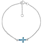 Charm Stylish Cross on a Chain with Simulated Turquoise Inlay .925 Sterling Silver Link Bracelet