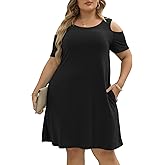 Nemidor Plus Size Dresses for Curvy Women Summer Casual Cold Shoulder T-Shirt Swing Short Sleeve Mini Dress with Pockets