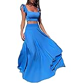 Vakkest Womens Summer Sexy 2 Pieces Outfits Ruffle Floral Tank Top Wrap Boho Tropical Long Skirt Set Clubwear Dresses