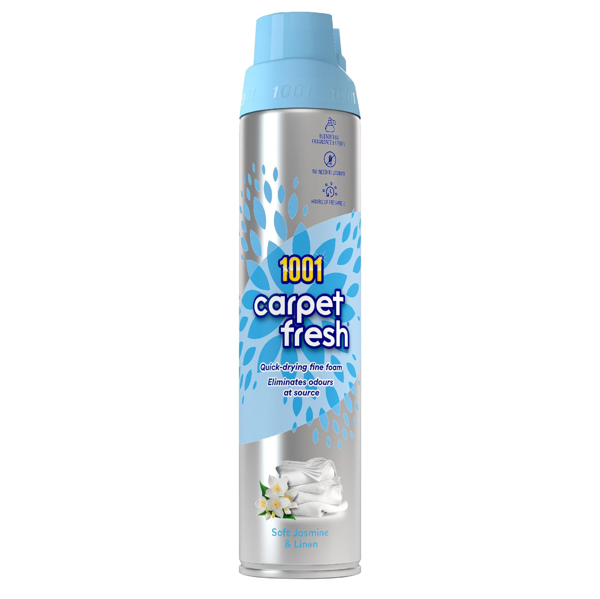 1001 Carpet Fresh Soft Jasmine & Fresh Linen Fragrance – Quick drying, For use On Carpet Rug Upholstery Freshening Foam Pet Odour Remover, 300ml Aerosol Spray Can