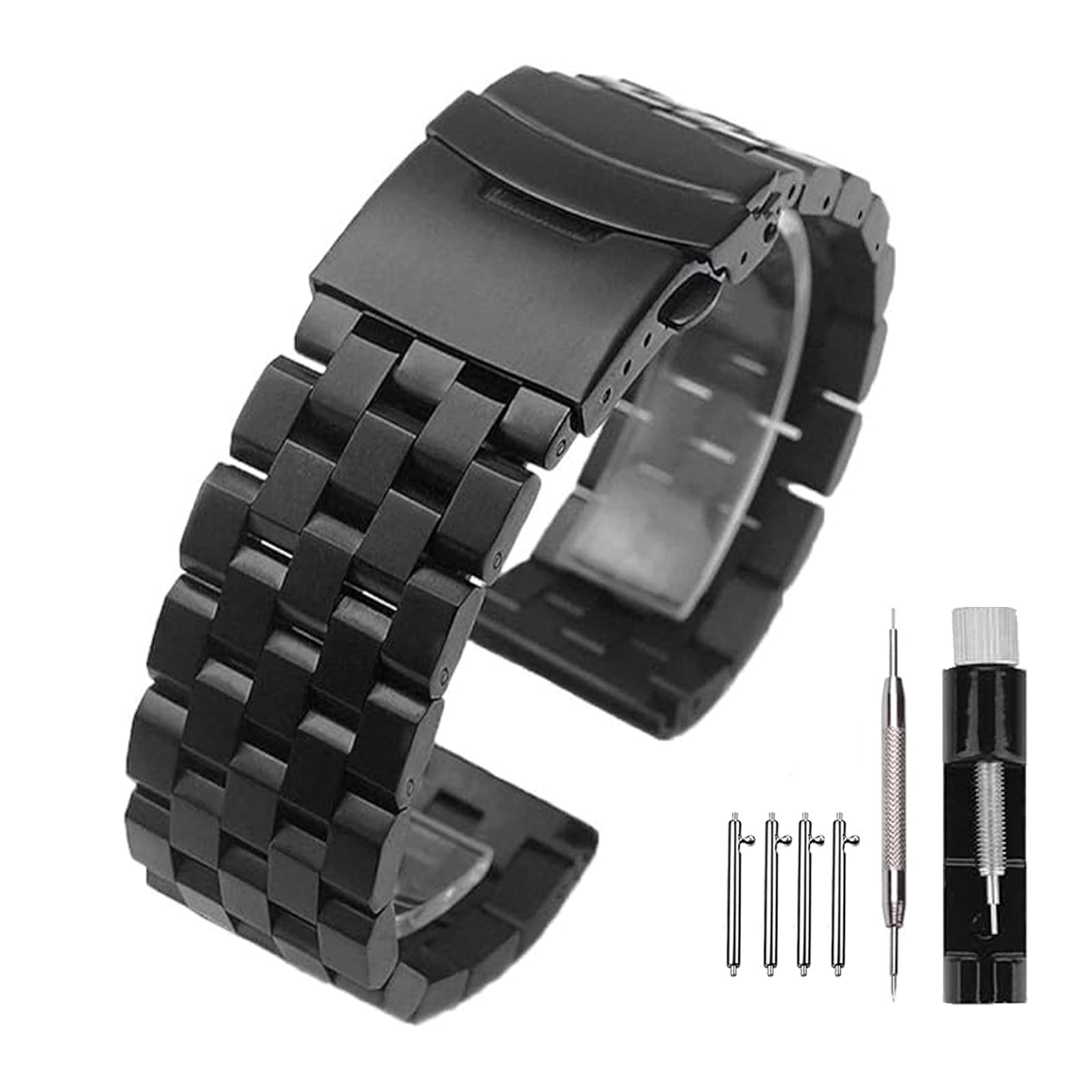 22mm Solid Stainless Steel Watch Band with Double Buckles Push Button Deployment Clasp 5 Rows Metal Watch Strap for Men Women Black