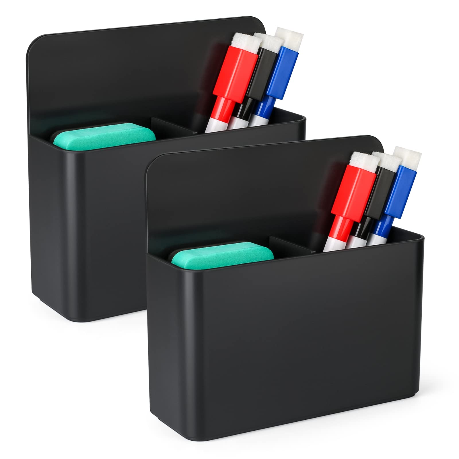 Sinofort 2 Pcs Magnetic Marker Holder, Dry Erase Marker Holder, Whiteboard Pen Magnetic Holder with Pen and Blackboard Brush for School Office Home Whiteboards Refrigerator(Black)