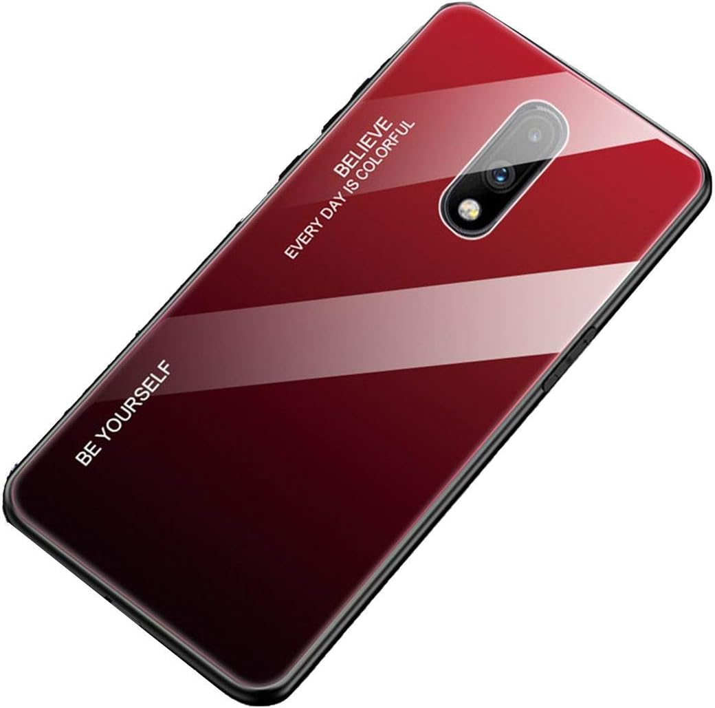 katai Tempered Glass Back Cover with Gradient Color Pattern, Soft Silicone Bumper Shock Absorption Frame Hybrid Slim case for OnePlus 7 (Red and Black)