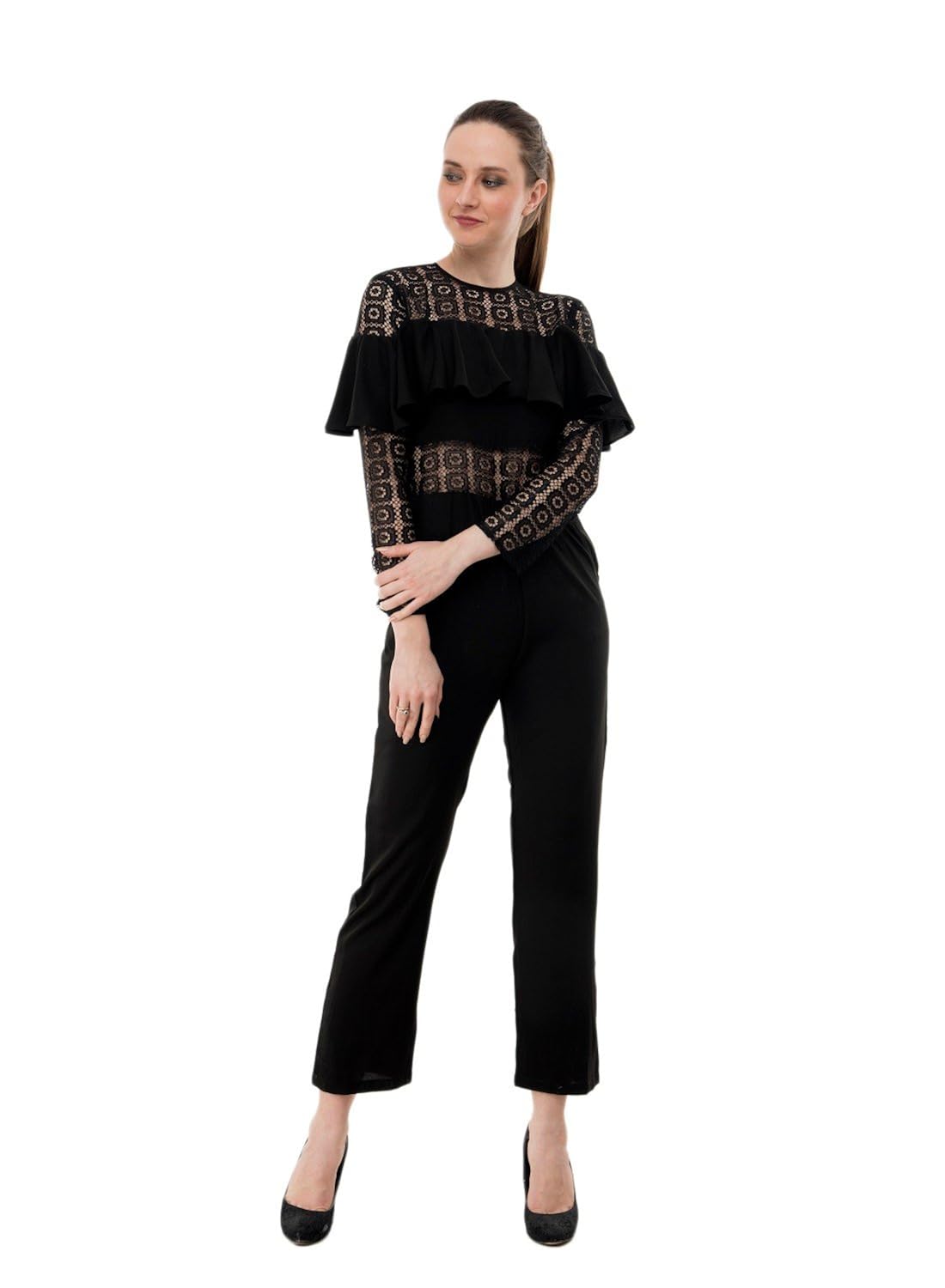 karmic vision women's crepe net black casual jumpsuit