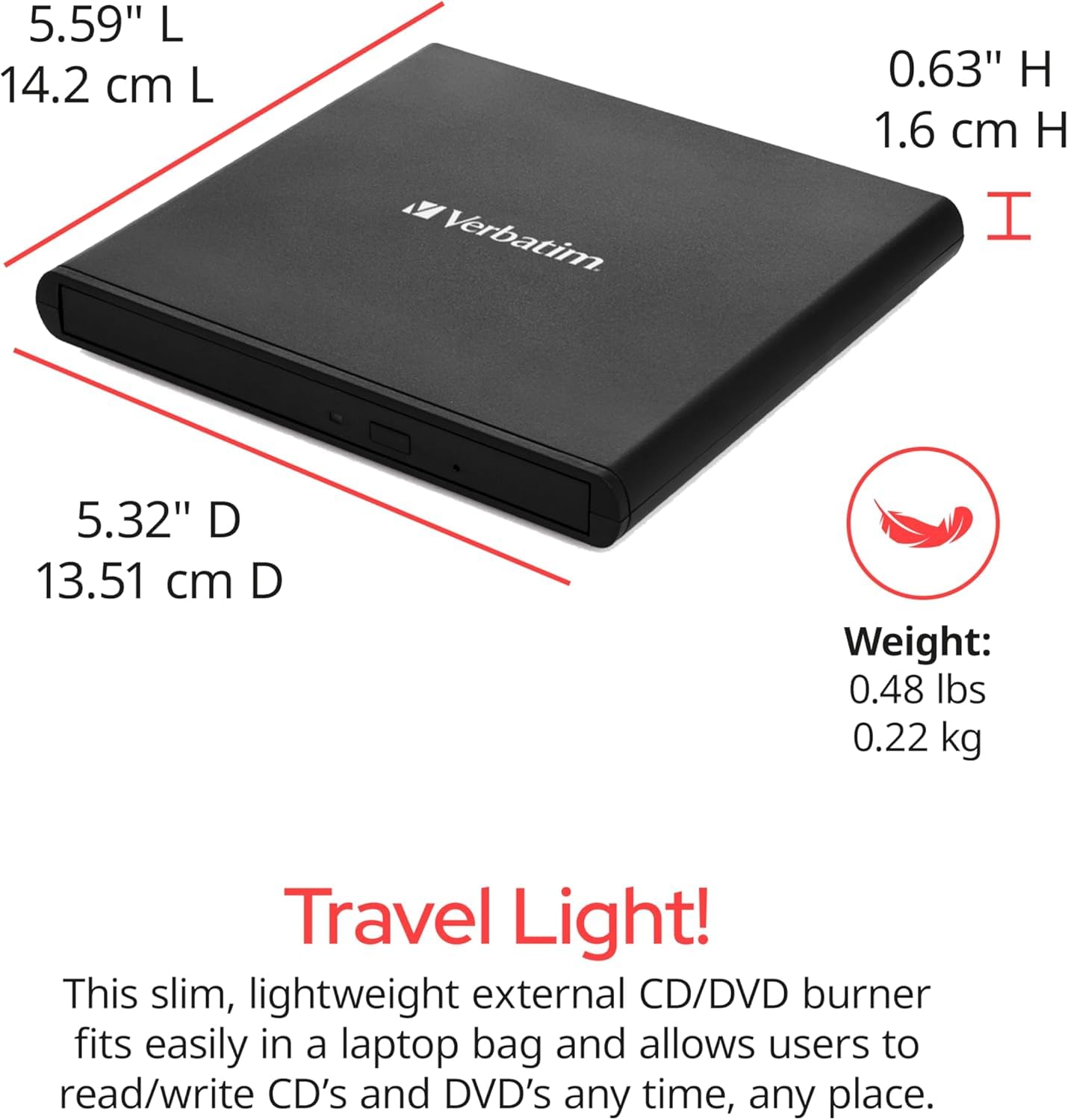 Verbatim Slimline CD / DVD Drive - External USB 2.0 CD DVD +/-RW Burner for Laptops and Notebooks with M-DISC Support - Mac & PC Compatible - Nero Burn & Archive Software Included - Black