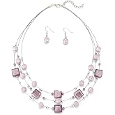 Layered Silver Beaded Necklace for Women Square Crystal Beads Statement Collar Necklace and Earrings Fashion Costumes Jewelry Sets for Women