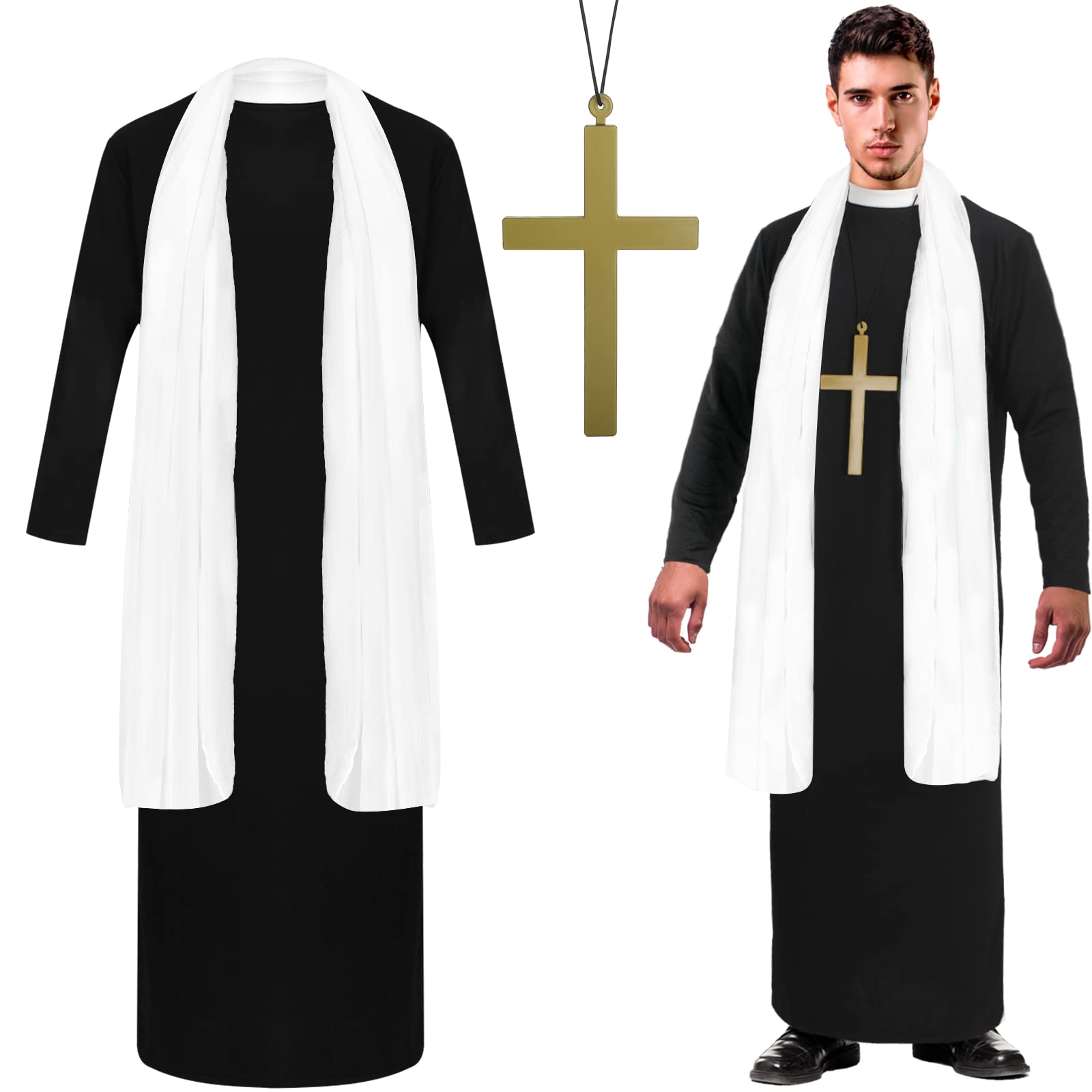 Photo 1 of Jiuguva 3 Pcs Halloween Priest Costume for Men Adult with Father Robe White Stole Cross for Halloween Dress up Party(Medium)