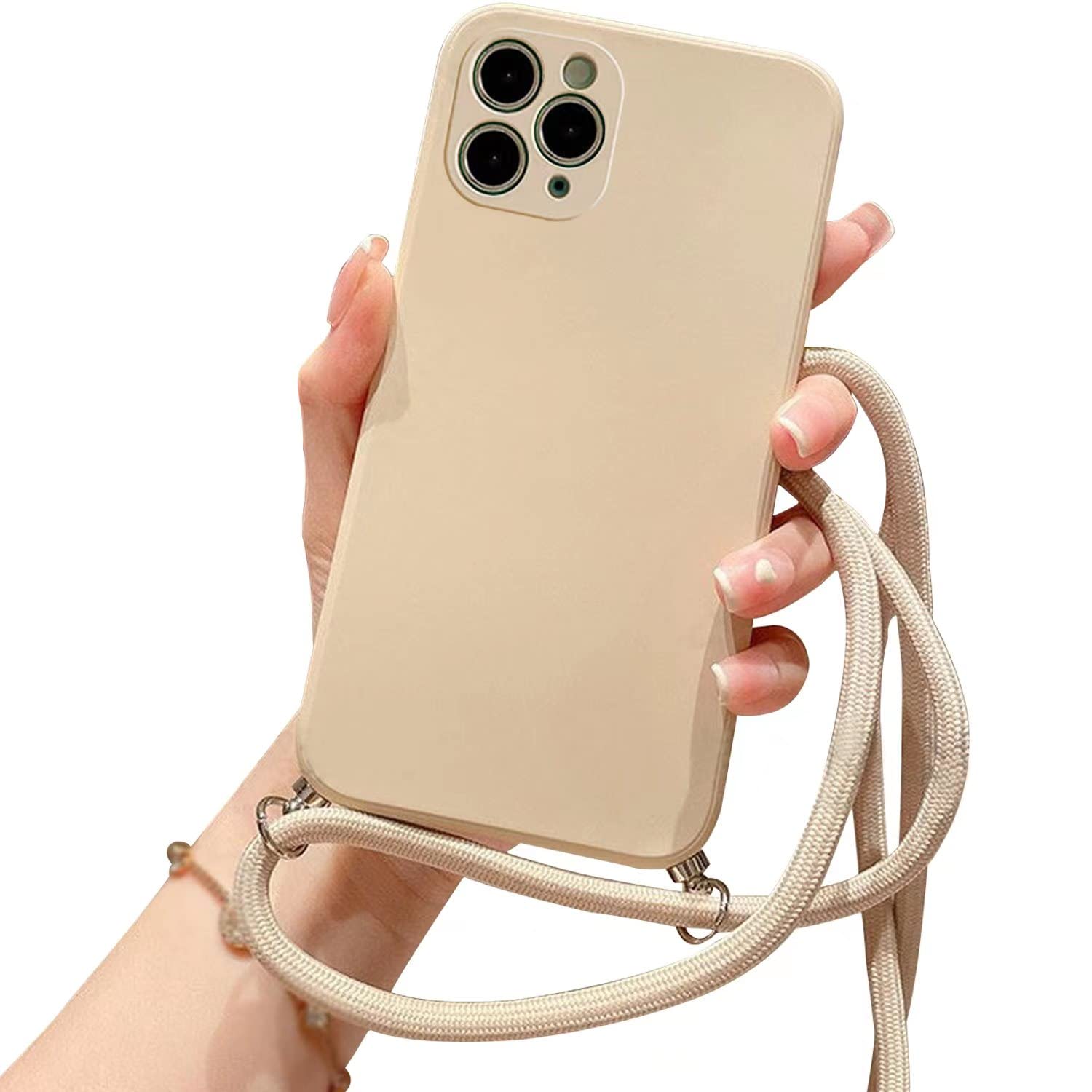 Galful Mobile phone chain for iPhone 14 Pro Max 6.7", silicone case with lanyard smartphone necklace protective bumper with strap shockproof lanyard case cover khaki