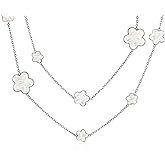 Bling Jewelry Fashion Off White Black Pink Enamel Large & Small Flower Long Silver Tone Gold Plated Station Chain Wrap Layer Clover Necklace For Women 40 Inch