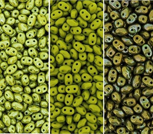 Czech Miniduo Bundle - 3 Colors: Two-Hole Seed Beads Mini Duo 2mm X 4mm Greenery Color Combo 24 Grams Total