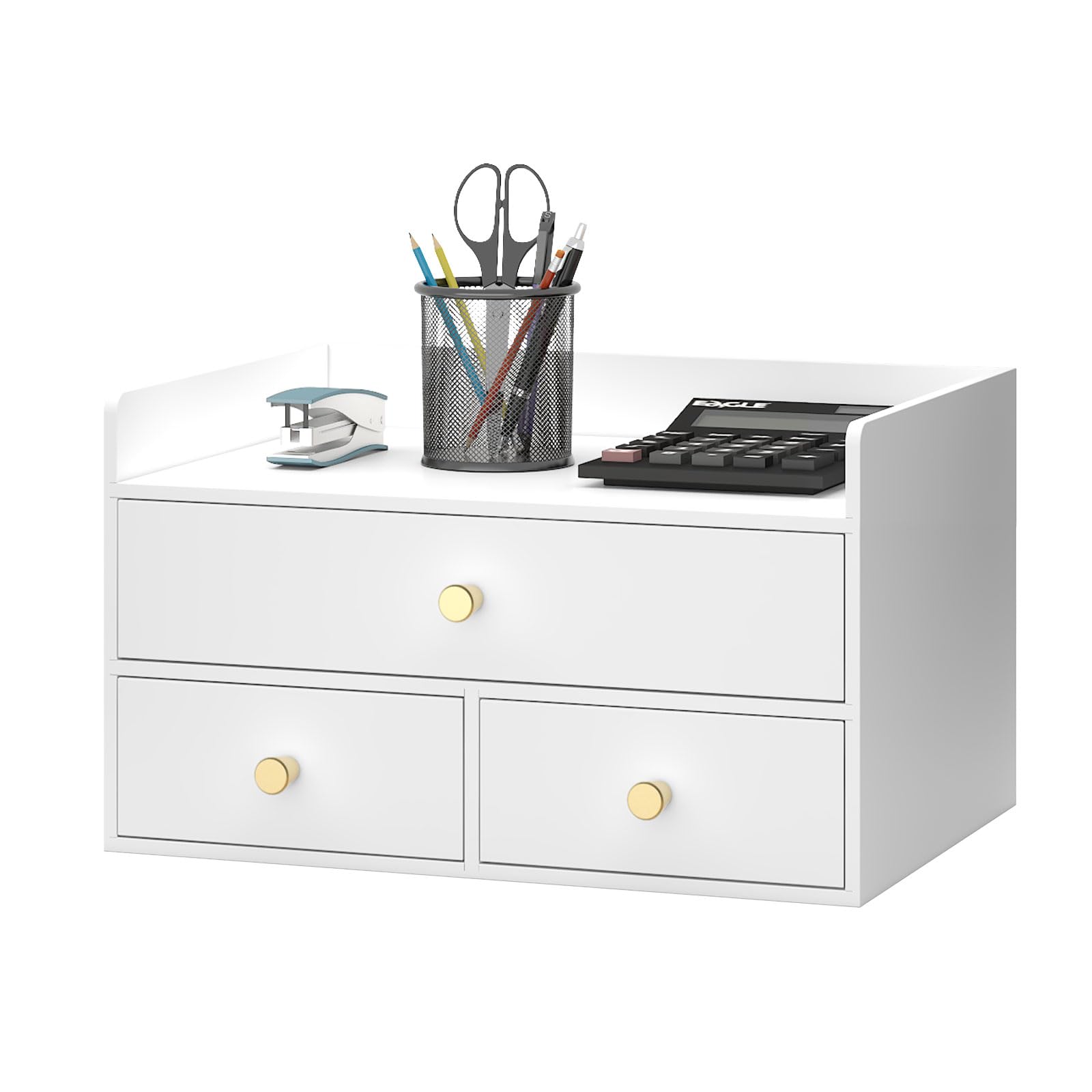 Photo 1 of Bamboo Desk Organizer with Drawers Wooden Desktop Storage Organization Box for Bills Office Supplies Kitchen Utensils Organizing Tool for Home Classroom Vanity, No Assembly Required (3 Drawers, White)