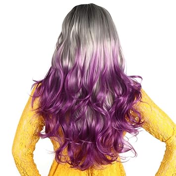 Yunkai Ombre Silver Grey Purple 3 Tones Synthetic Hair Wig Dark