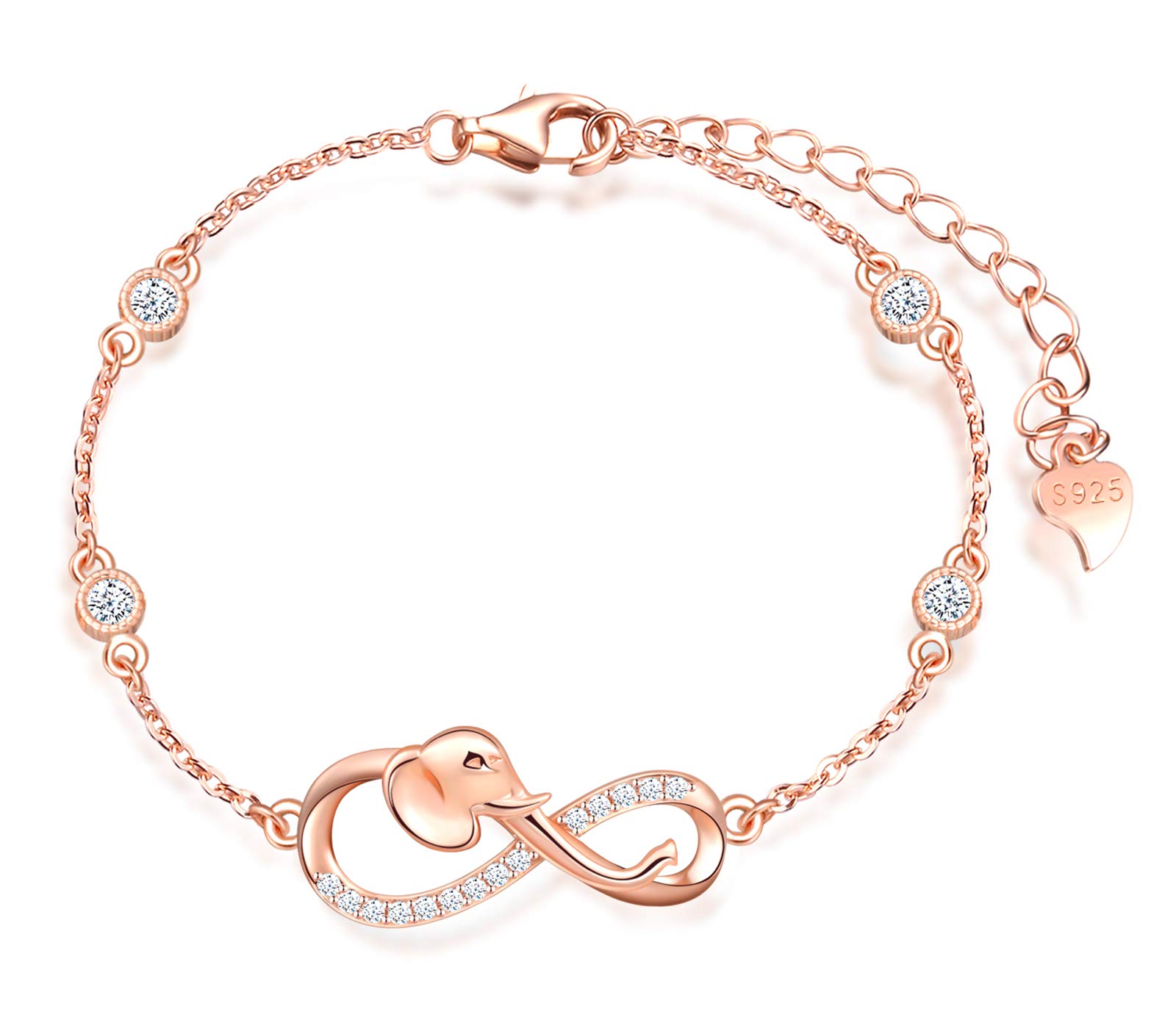 MicLee Woman's girl's Bracelet, 925 Sterling Silver bracelet, Elephant and infinity symbol bracelet, Inlaid with zircon, adjustable chain, Unique design animal bracelet, rose gold