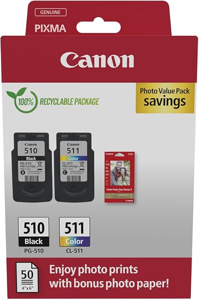 Canon PG-510 CL-511 Ink Cartridges 2 Pack Black Colour Photo Paper 4x6