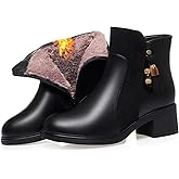 QIJOZXN Women's Leather Side Zipper Mid Chunky Heel Winter Ankle Boots Comfortable Round Toe Warm Fur Lined Soft Sole Non-slip Booties with Tassel Dec Fashion Dress Ankle Booties