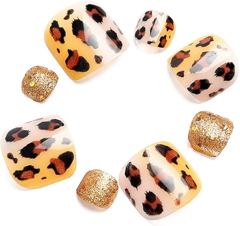 Amazon Liarty 24pcs ネイルチップ 足 かわいい つけ爪 足 人気 ヒョウ柄 フットネイルチップ ゴールデン 閃光 グラデーション 短い Liarty ネイルチップ 通販