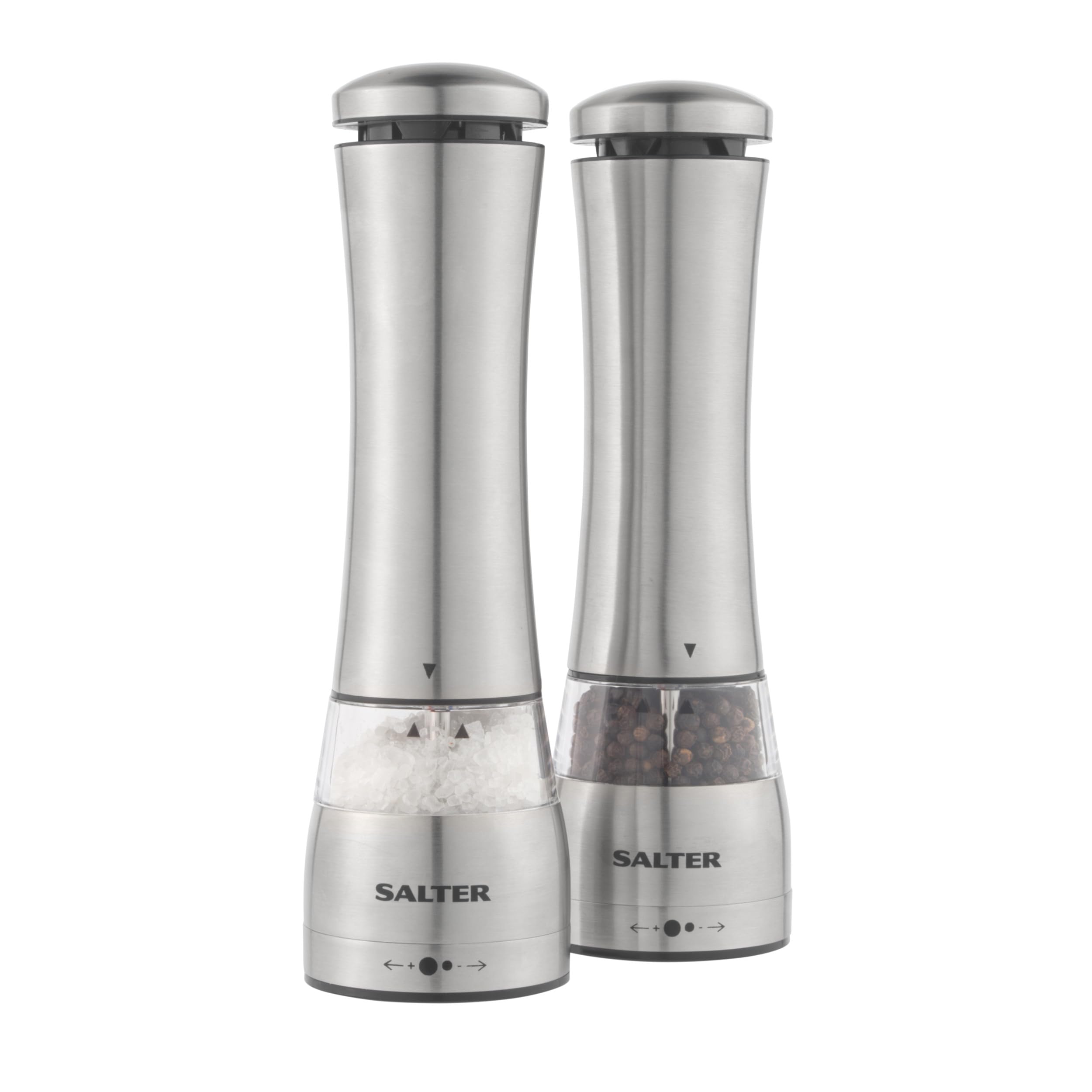 Salter BW11847EU7 Electric Salt & Pepper Mill Set – One Hand Push Button Operation, Ceramic Mechanism, Clear Acrylic, Adjustable Grind, LED Light Base, Peppercorns & Rock Salt, Stainless Steel