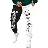 WDIRARA Men's Cartoon Letter Graphic Sweatpants Color Block Drawstring Waist Jogger Pants with Pockets