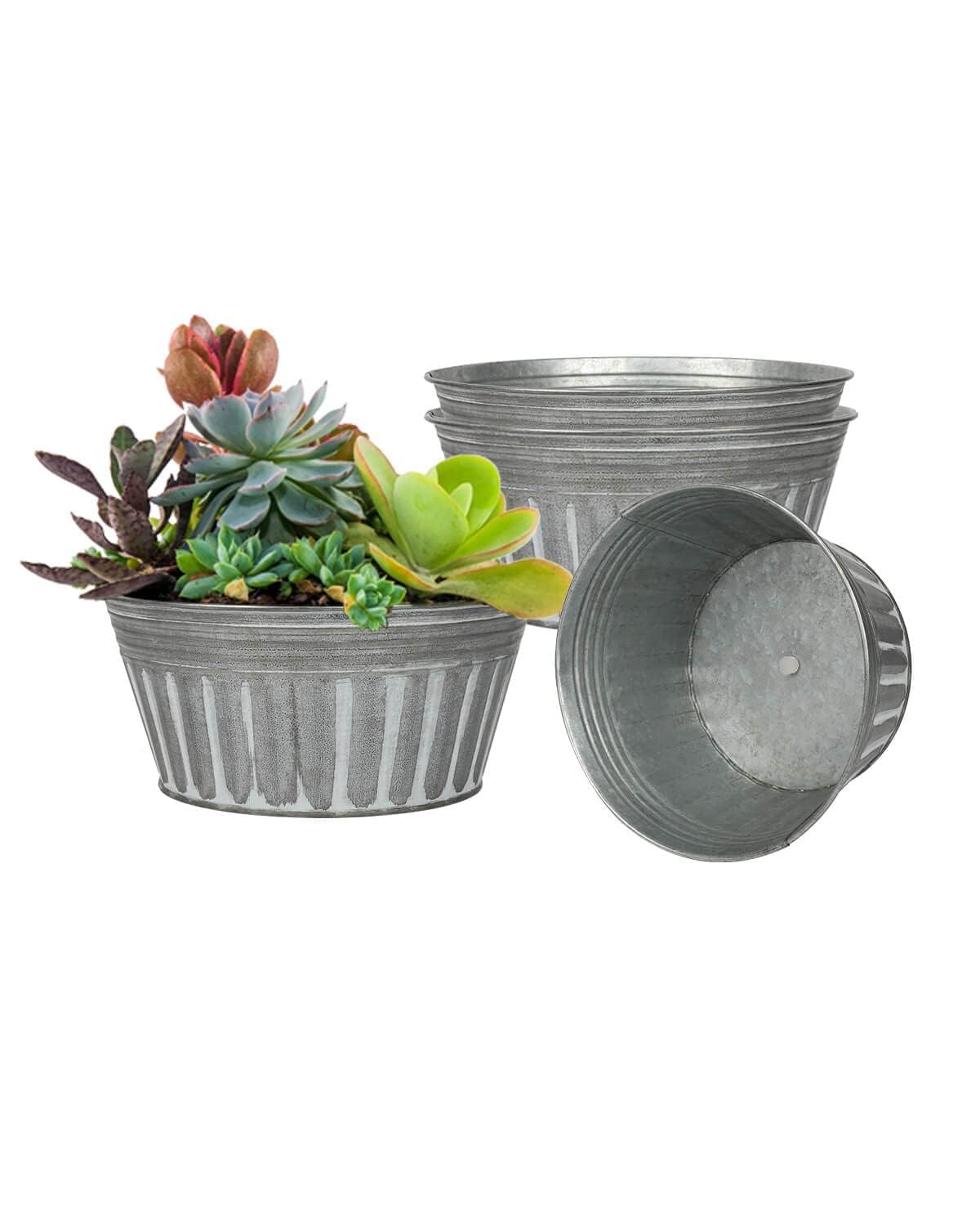 vensovo 22.9 CM Silver Metal Rustic Plant Pots - 4 Pcs Large Shallow Galvanized Planters with Drain Hole and Rubber Plug, Rustproof Tin Bucket Succulent Pot Indoor Farmhouse Vintage Style for Decor