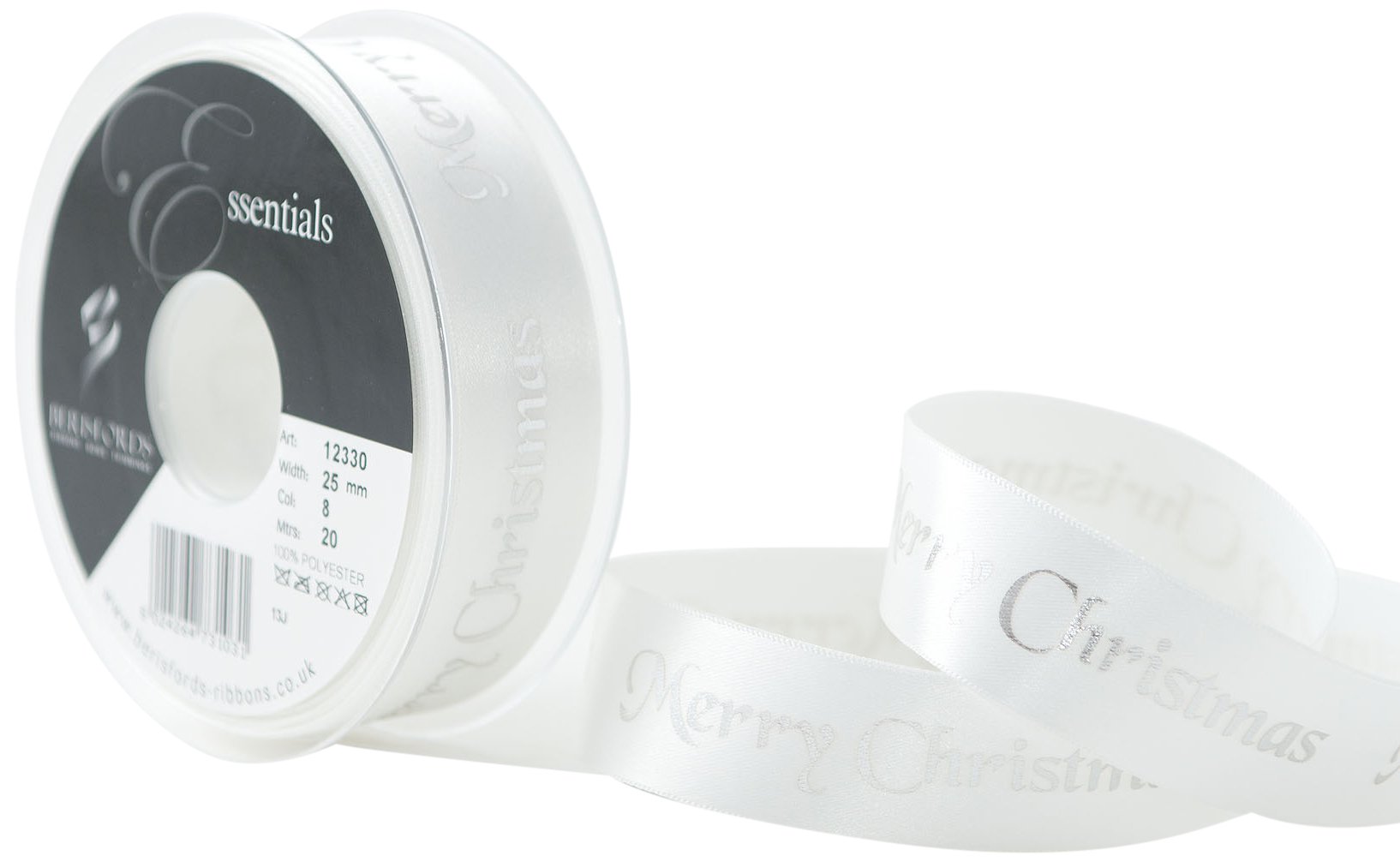 Berisfords 25 mm Merry Christmas Ribbon, White and Silver