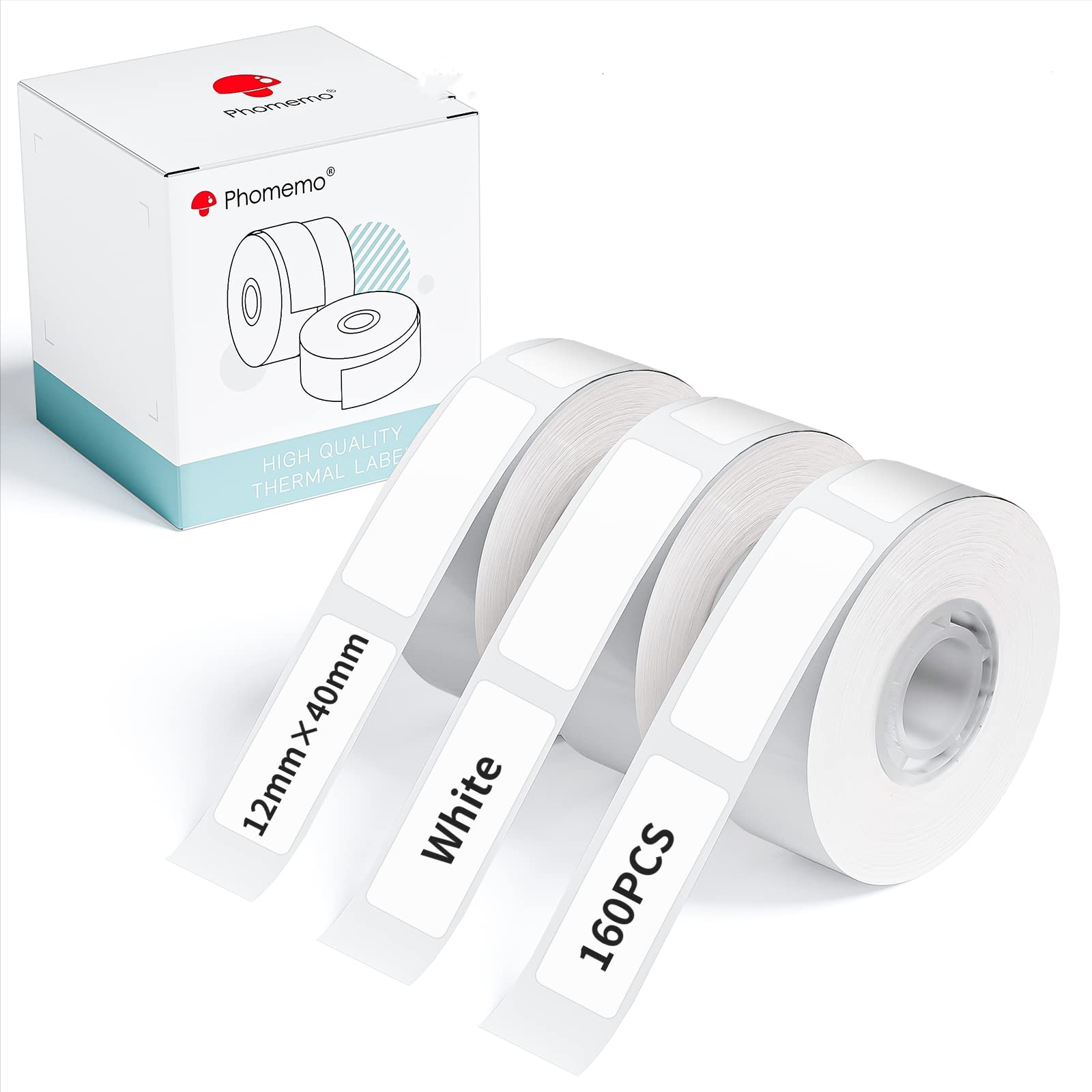Phomemo D30 Label Paper, 12x40mm [ 3/8" x1 1/2"] Label Tape for Q30/D30/D35 Series Label Printer, Phomemo Labels Suitable for School,Home,Name,160pcs/Roll, 3 Rolls
