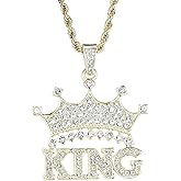 VVCome King Letters Initial Crown Necklace Hip Hop Iced Out King Crystal Crown Pendant Stainless Steel 24inch Rope Chain