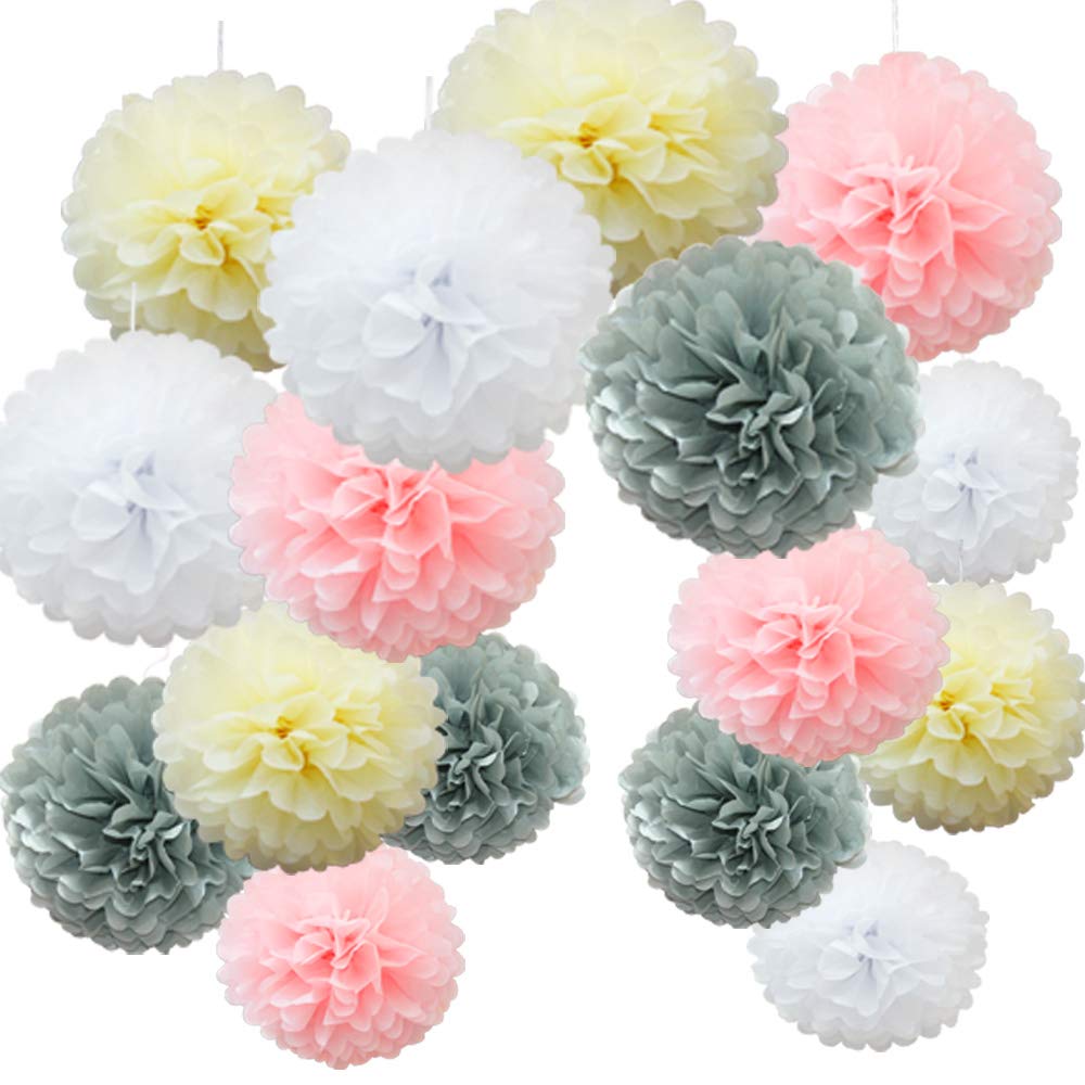 Time to Sparkle 16pcs Mix Tissue Paper Pompoms Pom Poms Flower Handmade Wedding Party Decorations Balls, Grey Shade
