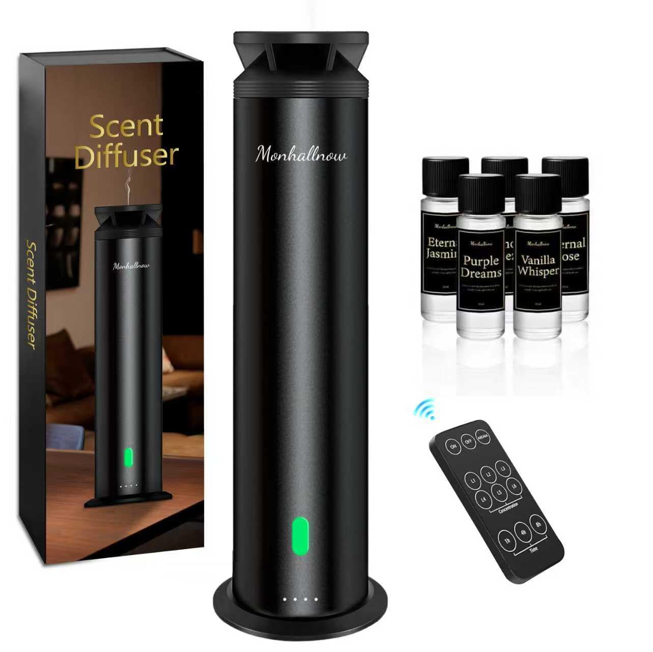 Photo 1 of Monhallnow Waterless Scent Diffuser Starter Kit – 1000 Sq Ft Coverage, Suitable for Home & Hotel Series Diffuser, Includes 5 Scent Oils, Remote Control, Large Room Essential Oil Diffuser, Ultra Black