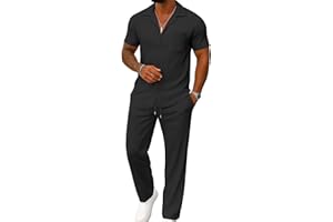 UOUA Mens Summer 2 Piece Set Casual Outfits Button Short Sleeve Shirt & Loose Pants Textured Striped Tracksuit Walking Suits