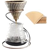 LEIJOCO Pour Over Coffee Maker Set - Glass Dripper, Metal Stand, 600ml Heat-Resistant Server, 40 Filters - 4 in 1 for Home or Office (Bronze)
