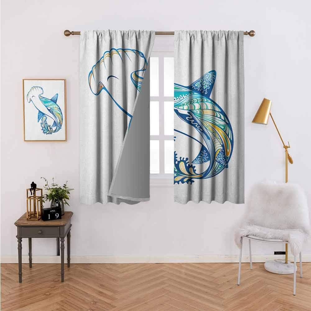 Insulated Solid Grommet topBedroom Thermal Blackout Curtains Hammer Head Shark Ornate Underwater Sea Oceanic Life Animals Marine Theme,for Home Decoration W72 x L62 Set of 2 Panels