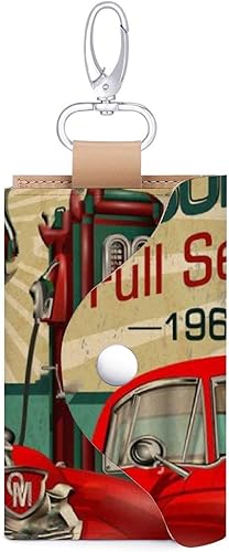Amazon 古典的な赤い車1960年代の給油所ガソリンルート66 1963 66 女性 男性革の鍵は財布を包んで 6枚のカードスロットの車のキーホルダーを持っています Gunna キーケース