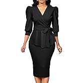 Yiershu Church Dresses for Women 2025 Sexy V-Neck 3/4 Sleeve Peplum Business Dress for Women