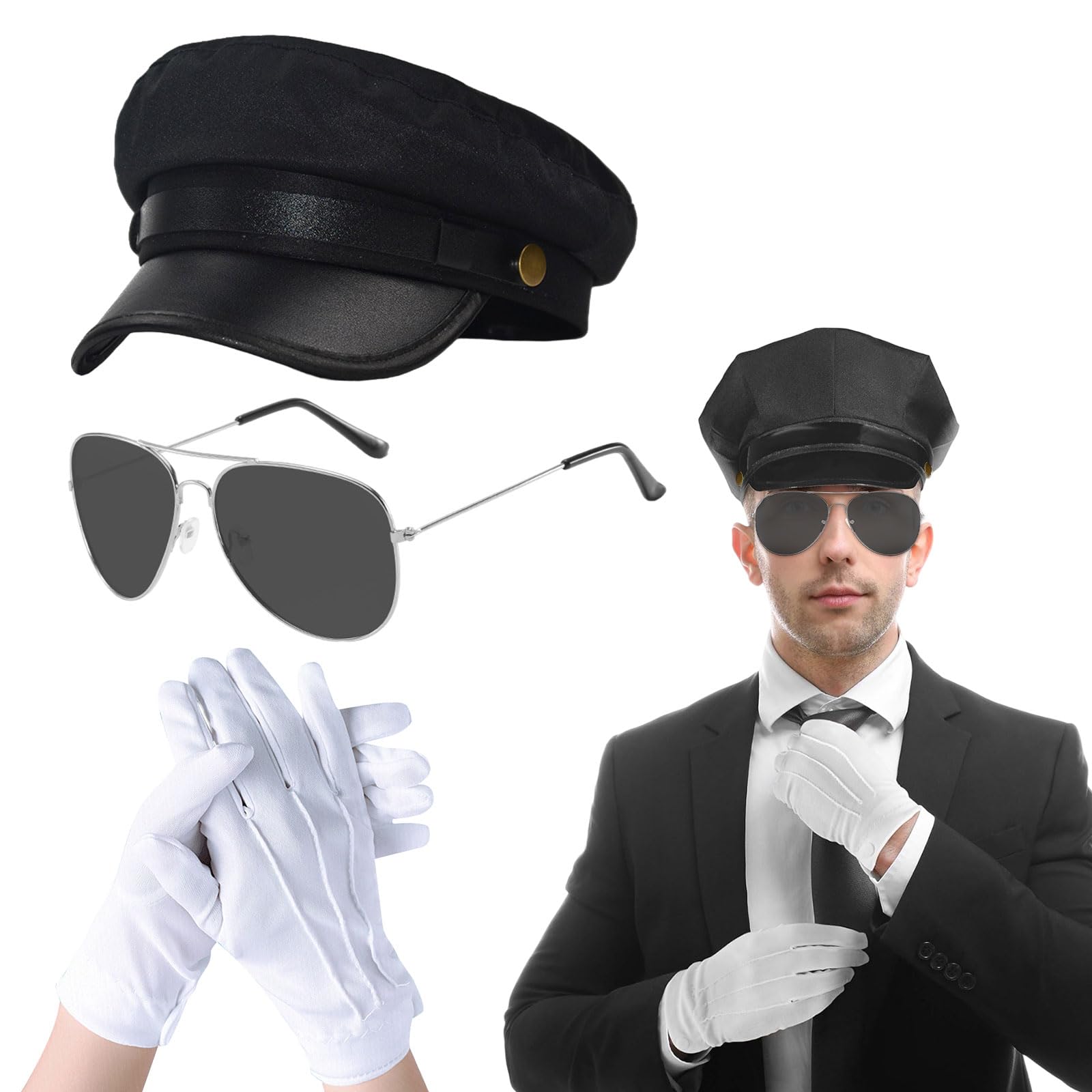 UILYNIU 3 Pieces Chauffeur Costume Accessories, Novelty Driver Costume Black Hat Sunglasses White Gloves, Chauffeur Club Fancy Dress 1980s Mafia Gangster Biker Costume for Cosplay Theme Party (3PCS)