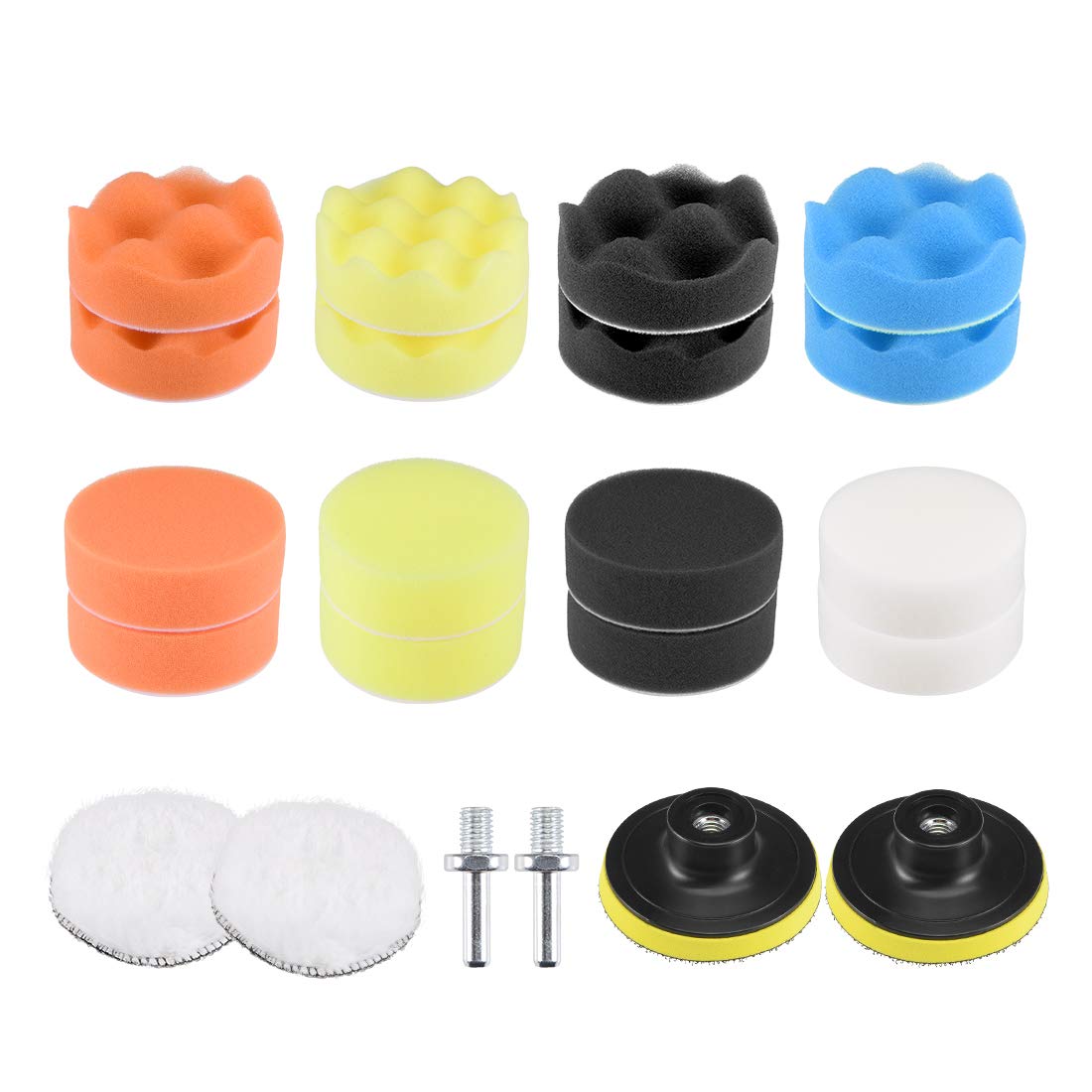 sourcing map 3" Foam Drill Polishing Pad Kit, 8pcs Flat 8pcs Waved Sponge Pads 2pcs Wool Pad 2pcs Hook and Loop Backing Pad 2pcs M10 Drill Adapter