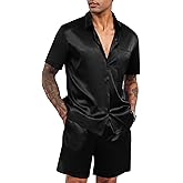 LecGee Men's Satin 2 Piece Outfits Lapel Shirt and Shorts Short Sleeve Button Down Tracksuit Luxury Set Prom Club Party