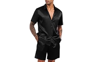LecGee Men's Satin 2 Piece Outfits Lapel Shirt and Shorts Short Sleeve Button Down Tracksuit Luxury Set Prom Club Party