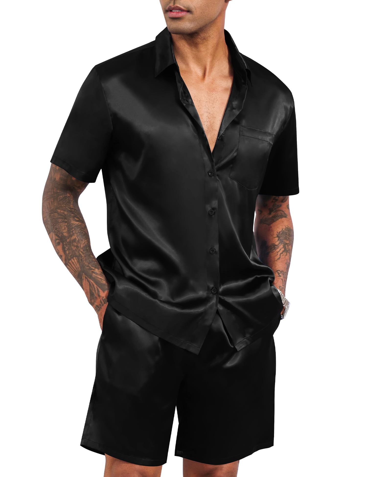 LecGee Men's Satin 2 Piece Outfits Lapel Shirt and Shorts Short Sleeve Button Down Tracksuit Luxury Set Prom Club Party