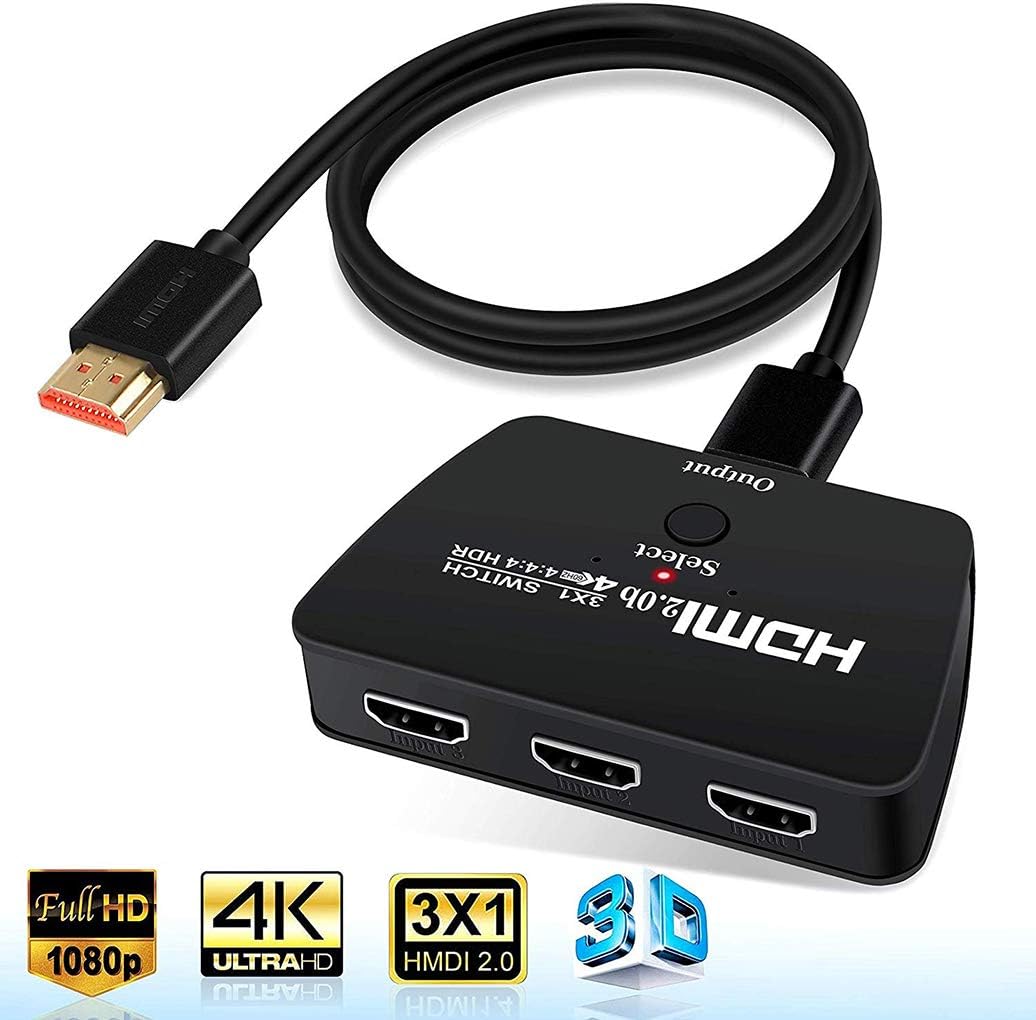 HDMI Switch 4K 60hz Splitter, QINUKER Newest Upgraded 3-Port HDMI Switcher 2.0 3 in 1 out Supports 3D HD1080P HDCP2.2, Xbox One Sky Box PS4 PS3 HDR for Apple TV 4K Fire Stick TV HDTV PC Etc