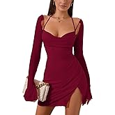HTZMO Sexy Women's Halter Flounce Sleeves Ruched Mini Dress Sheer Mesh Side Split Cute Party Short Dresses