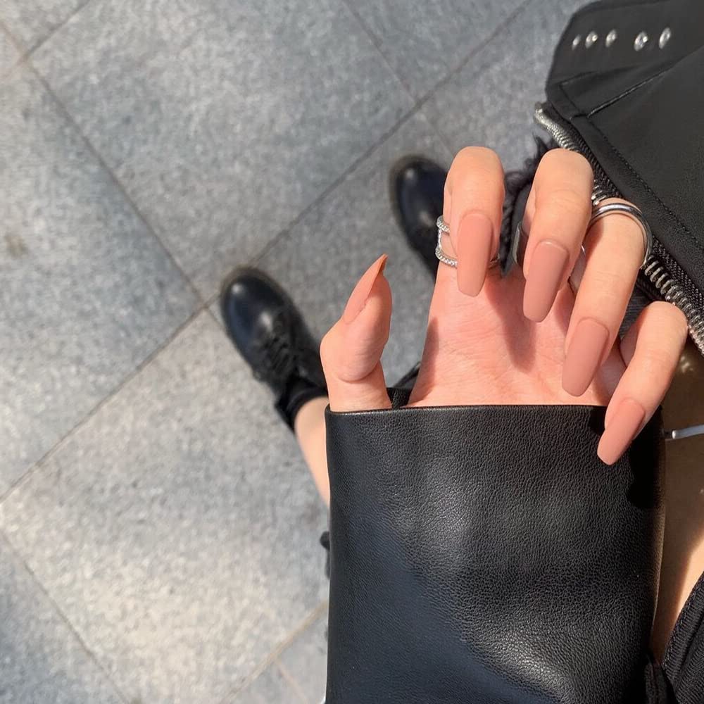 BSLVWG Coffin False Nails Matte Fake Nails Ballerina Acrylic Stick on Nails Artificial Full Cover False Nail Tips 24Pcs for Women and Girls (Cofffe)