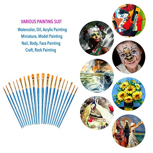 Hibery 20 Pcs Pointed - Round Paintbrush Set - Blue Round Pointed Tip Nylon Paint Brush Set, Art and Watercolor Brushes, Acrylic Paint Brushes, Oil Painting Supplies