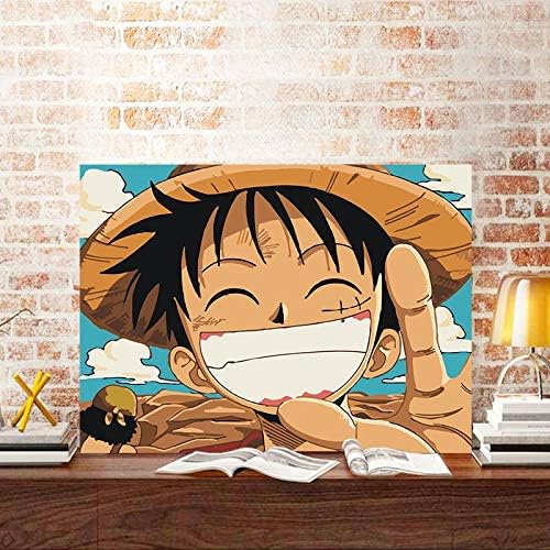 Showkig Cartoon Anime Hand Drawn Coloring Decoration，ONE Piece/Monkey D. Luffy，Handmade DIY Digital Oil Painting Children，Digital Canvas Painting，with Brushes and Acrylic Pigment DIY