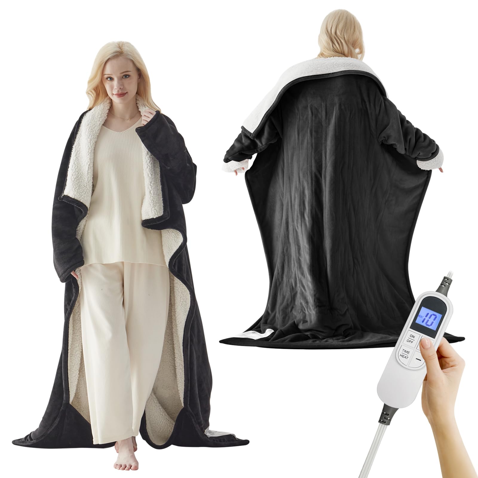 Photo 1 of Richtry Electric Blanket Wearable with Foot Pockets & Sleeves, Electric Heated Snuggle Blanket, Flannel & Sherpa Heating Throw with 10 Heat Settings, 1-12 Hours Auto Shut-Off, 50"×70", Black