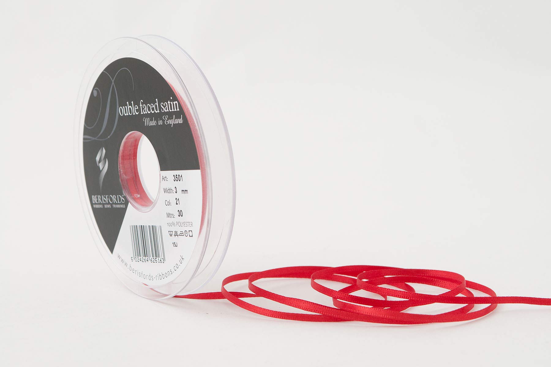 Berisfords Double FACE Poly Satin Ribbon, Poppy Red, 3 mm — image 1