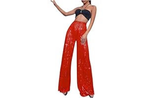 Womens Wide Leg Sequin Pants High Waist Stretch Sparkle Party Trousers Dressy Glitter Palazzo Pant 70's Disco Outfits