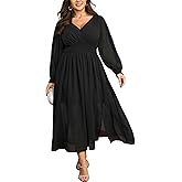 SCOMCHIC Womens Plus Size Formal Dresses Chiffon Wedding Guest Long Sleeve V Neck Smocked Flowy Slit Maxi Dress