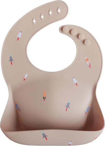 Mushie Baby Silicone Bib Adjustable Waterproof Deep Pocket 4 Sizes Rocket